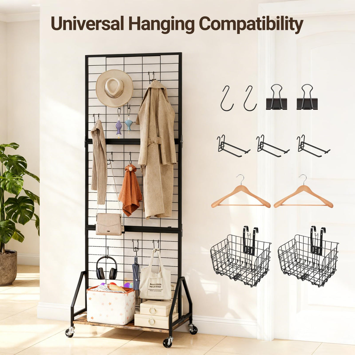 ELYKEN Foldable Grid Wall Panels 5.5' x 2' FT, Movable Wire Gridwall Display Rack with Wheels and Adjustable Foots, Retail Display Stand for Vendor with Storage (Rustic Brown)