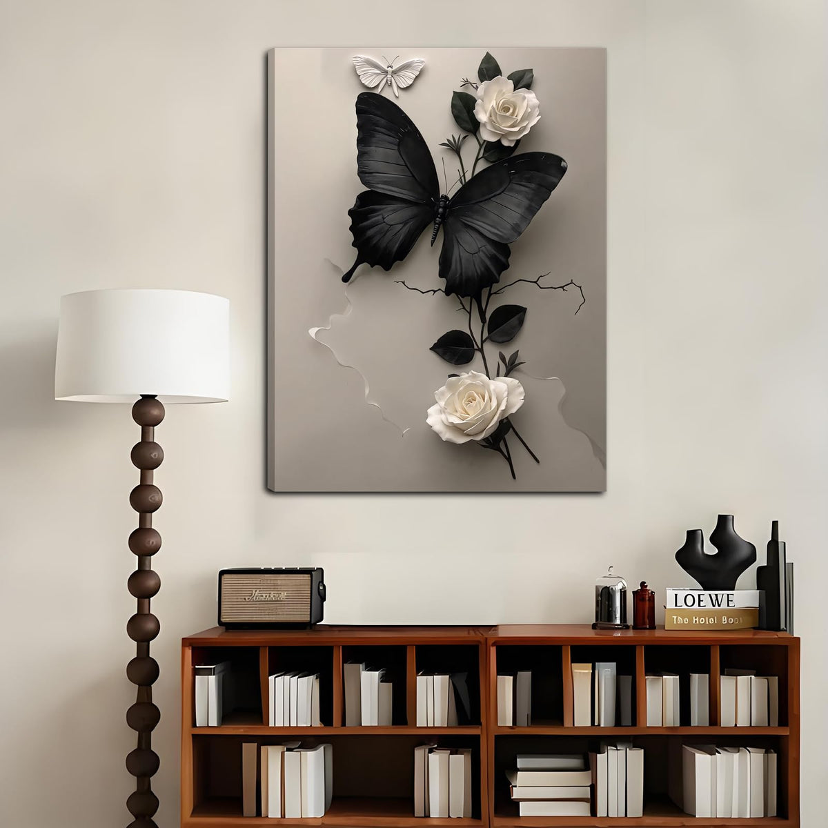 Black Butterfly and White Flower Canvas Wall Art Plant Abstract Texture Picture Butterfly Poster Print Minimalist Painting Decoration For Living Room Bathroom Dining Room Office (12 * 16in Framed)