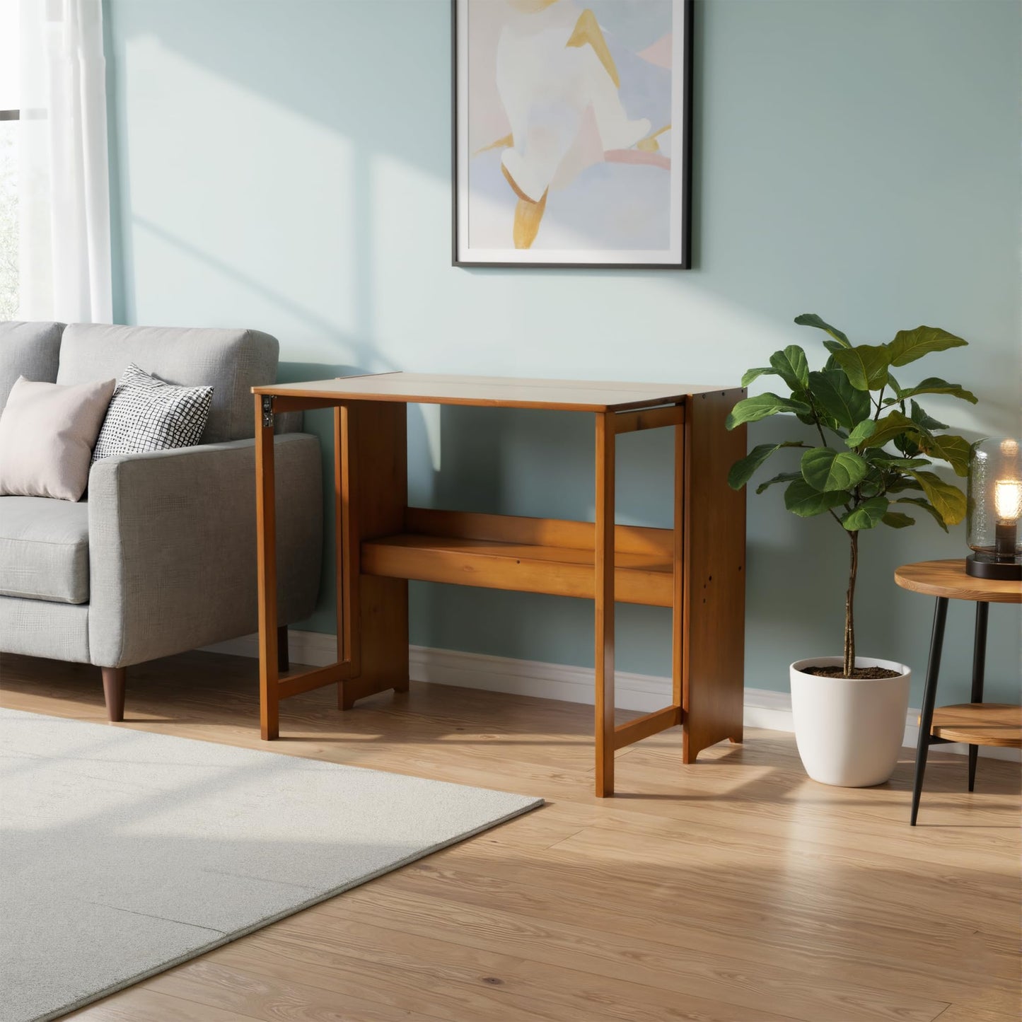 petour Wood Foldable Desk,Space Saving Foldable Table Bamboo Folding Desk Study Table with Bookshelf for Office Home Study Bedroom