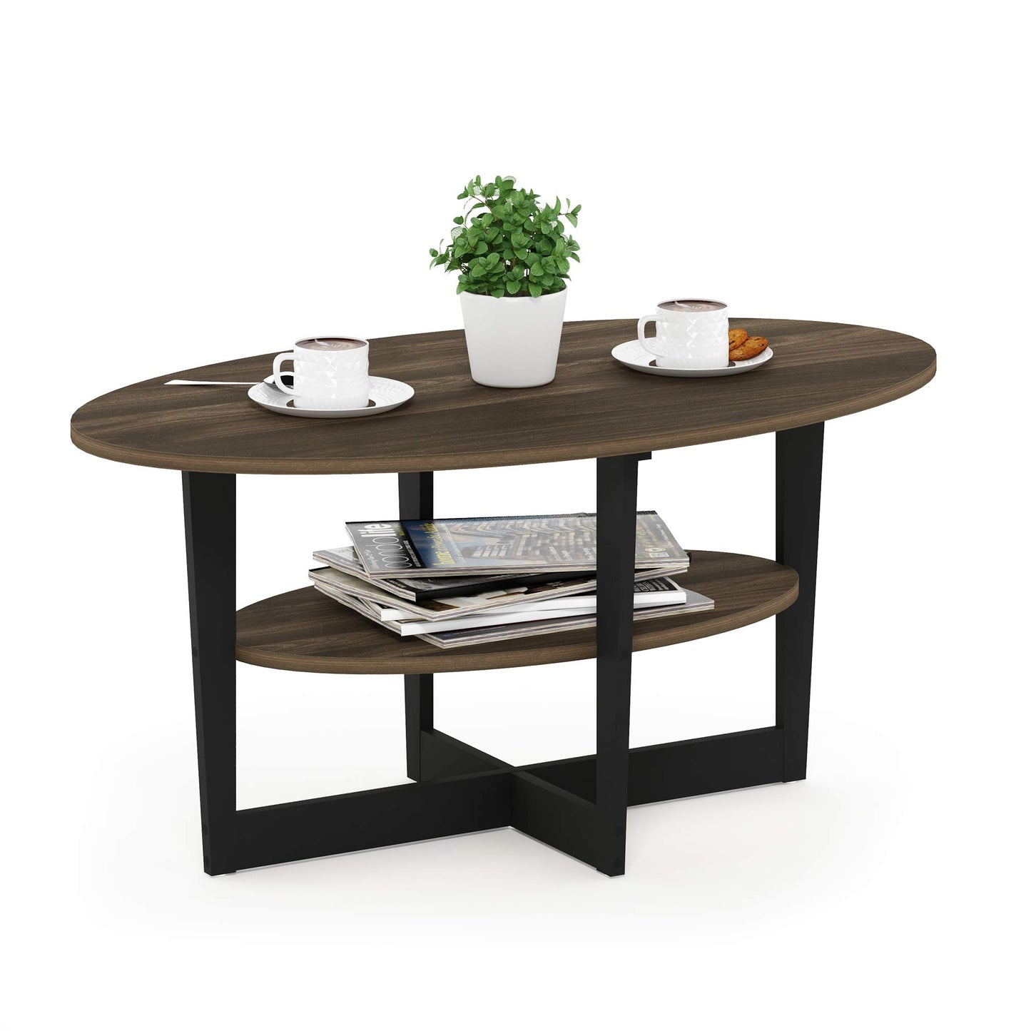 Furinno Jaya 2-Tier Round Coffee Table, Small Rustic Brown Coffee Table with Storage Shelf, Oval Center Table for Living Room, Bedroom, Home Office, Brown Walnut