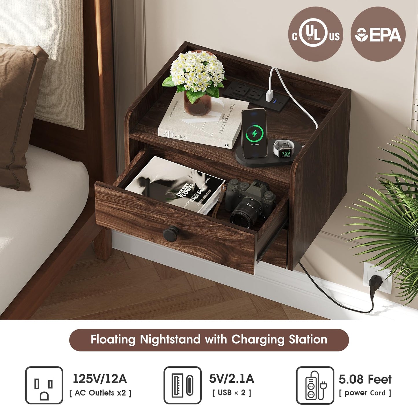 Floating Nightstand Set of 2 with 2 Storage Drawers and Charging Station Wood Wall Mounted Bedside End Table Modern Night Stands Set 2 for Bedroom,Small Space,Brown Walnut
