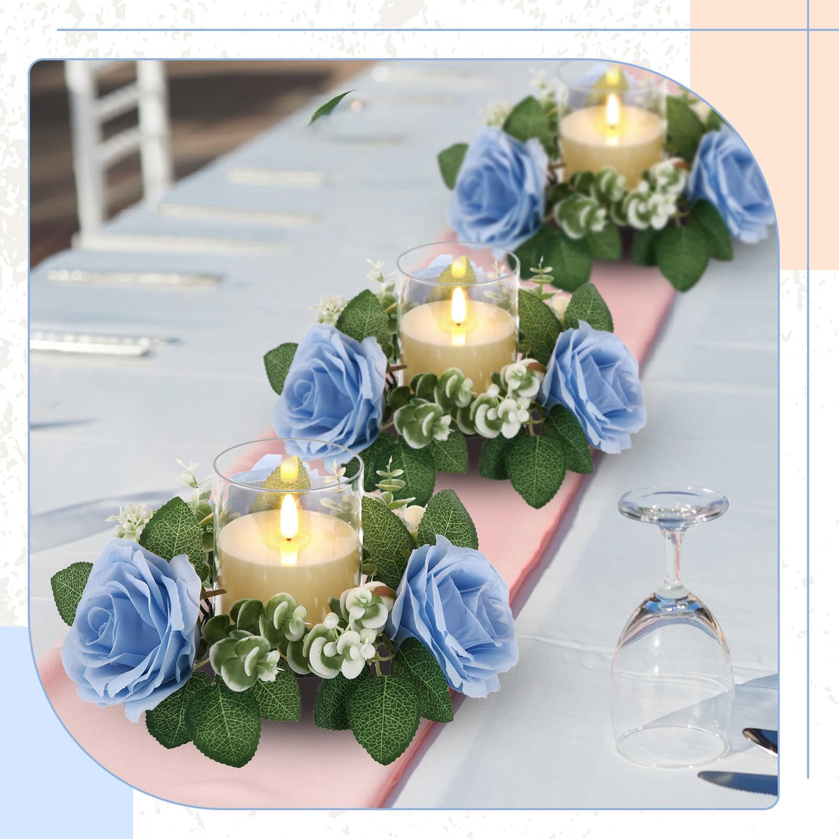 Yunlly 32 Pcs Rose Candle Rings with Flameless Candles Sets, Artificial Flower Eucalyptus Wedding Centerpiece 3 Inch Pillar Candleholders Wreaths for Wedding Party Mother's Day (Blue)