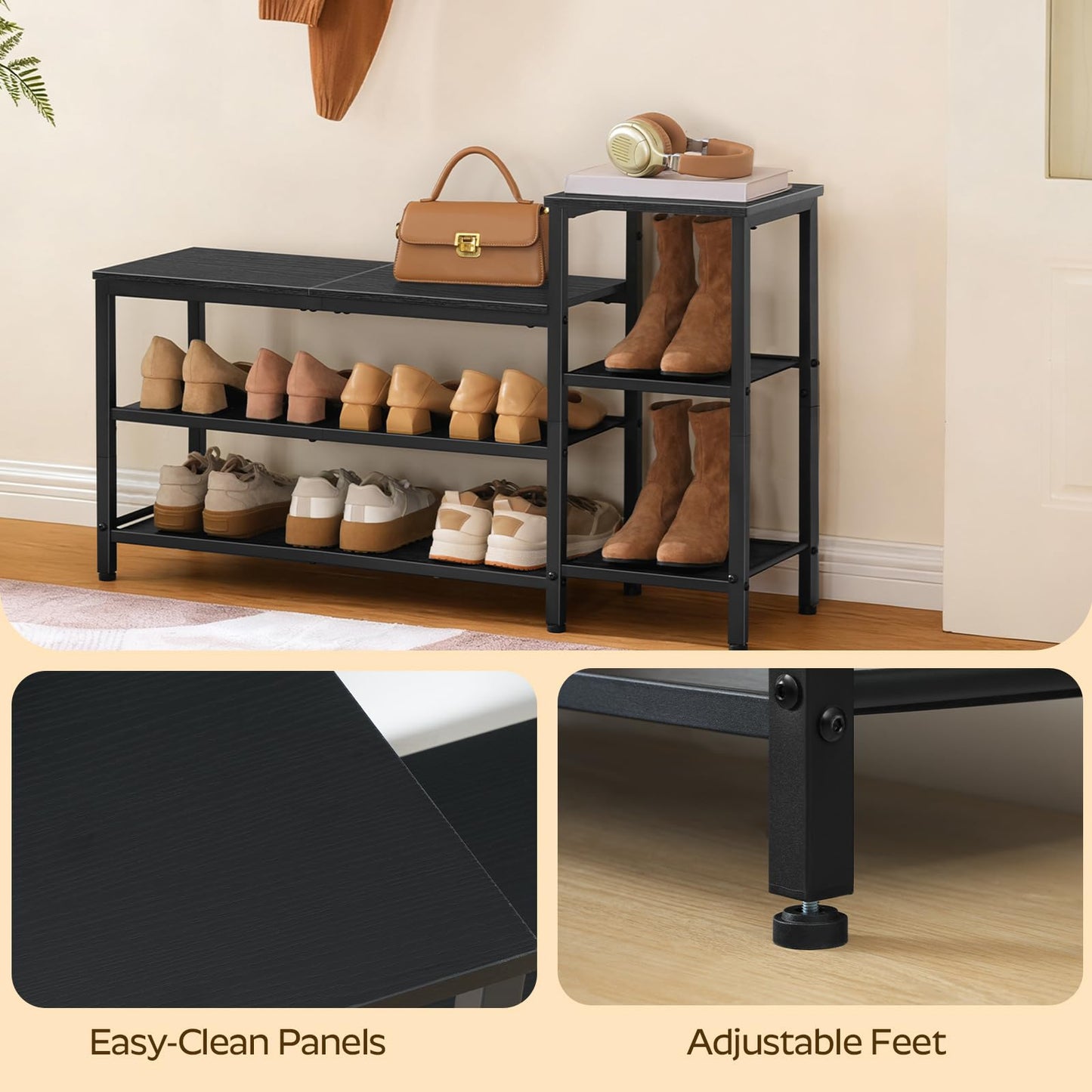 YATINEY 3-Tier Shoe Rack Bench, Wooden Shoe Storage Bench, Industrial Entryway Bench with Storage, Multi-Functional Shoe Rack with Seat for Bedroom, Hallway, Living Room, Black HX05BB