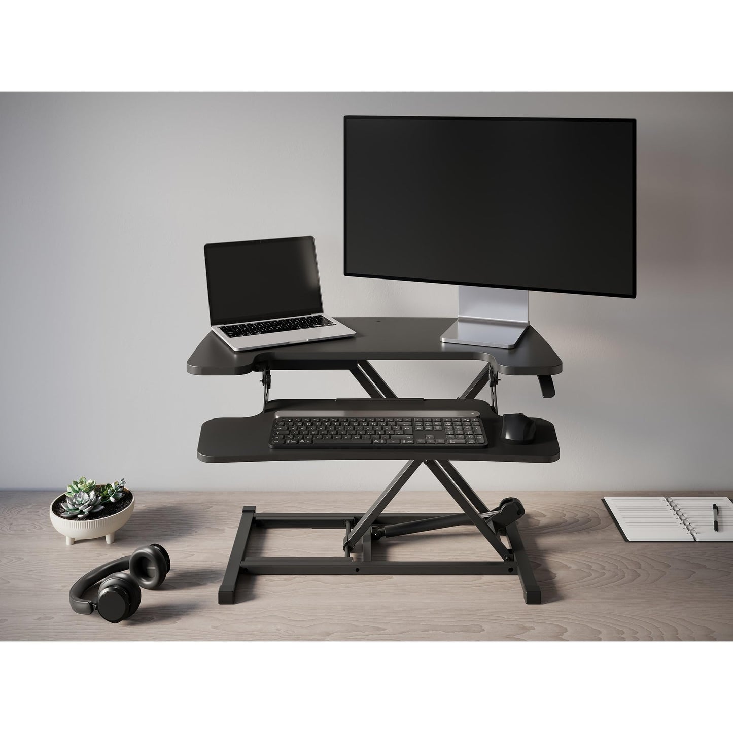 Realspace® P10 Pneumatic Standing Desk Riser Converter with Keyboard Tray, 20"H x 31-1/2"W x 25"D, Black