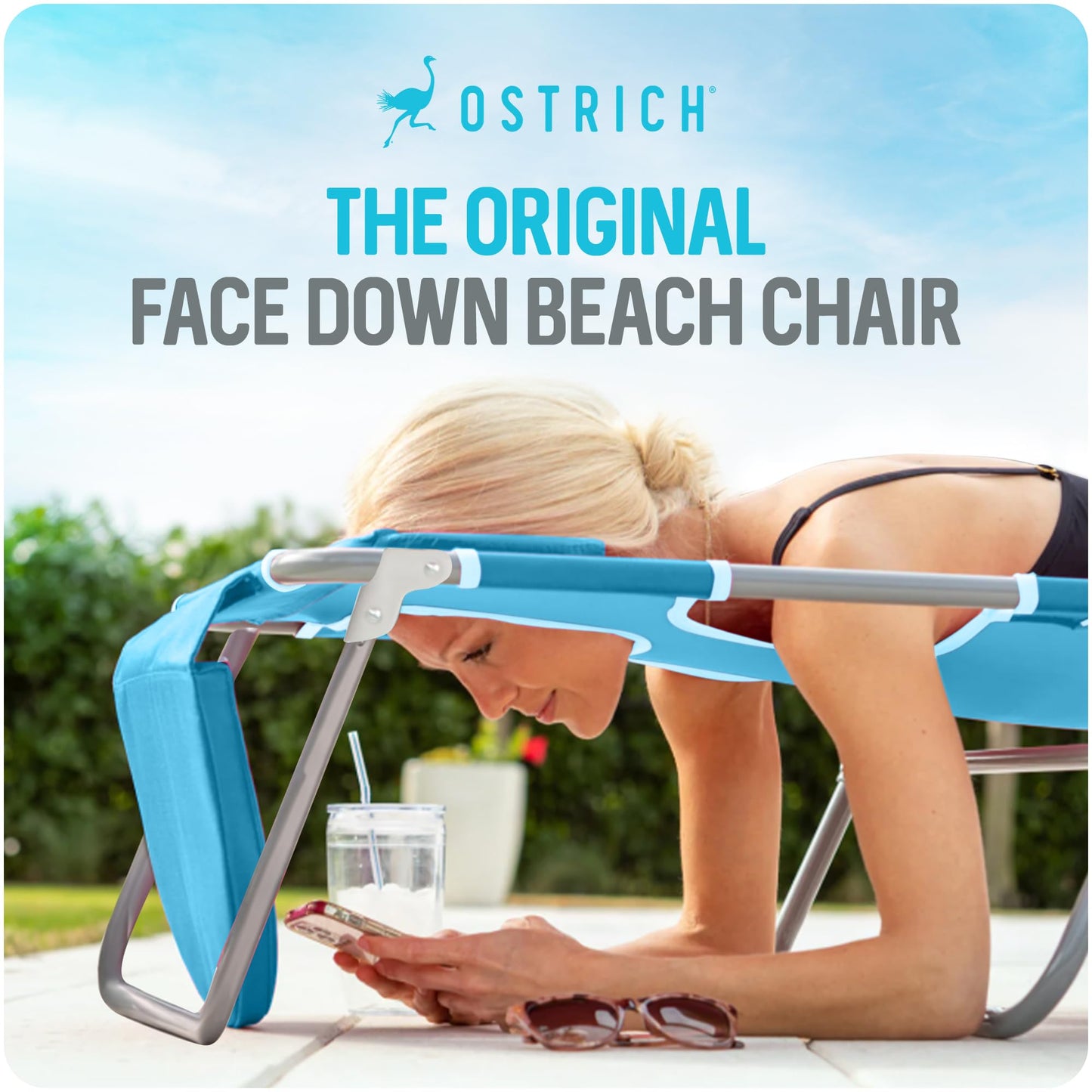 Ostrich the Backpack 3N1 Portable Chair with Cooler Bag and Reclining Lounger for Tanning, Camping, Beach, and Outdoor Essential, Light Blue