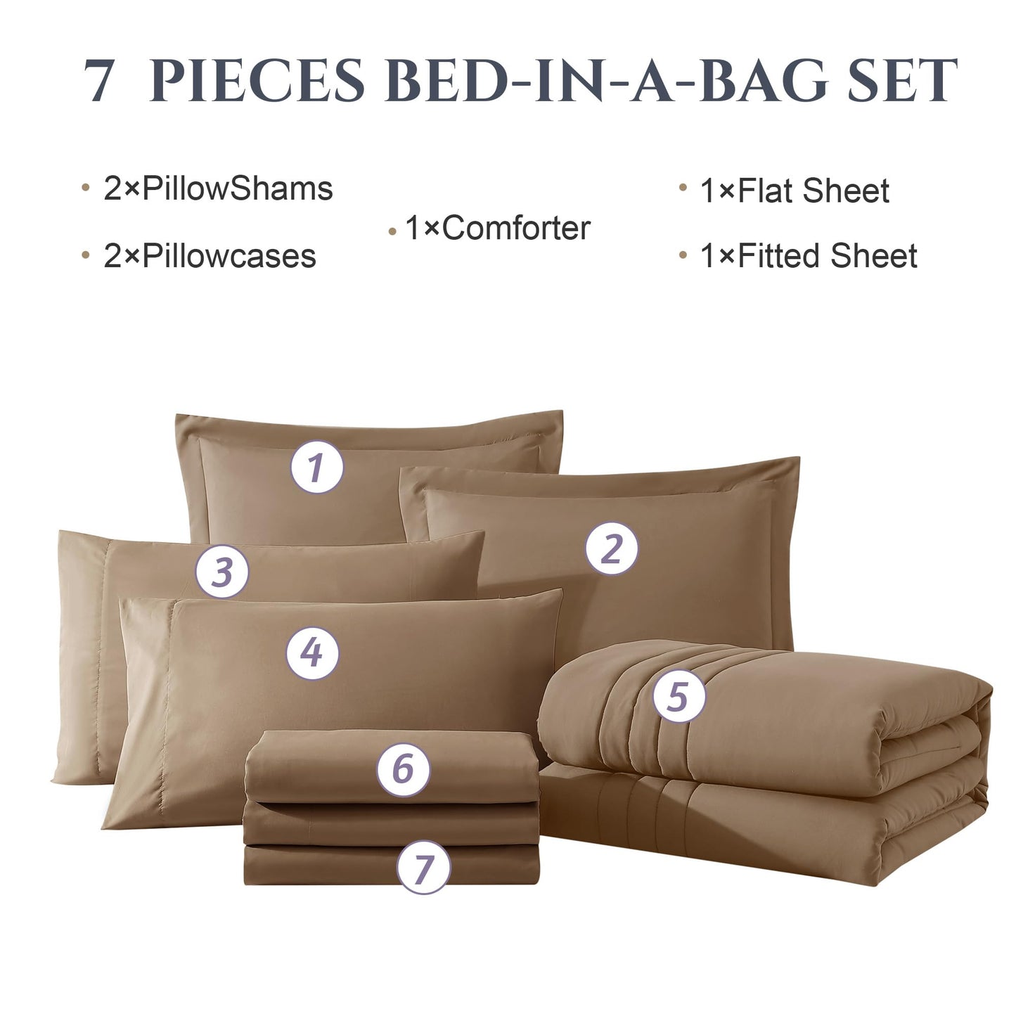 Monbix King Size Comforter Set - 7 Pieces Bed in a Bag King, Raw Umber King Bedding Sets with Comforter, All Seasons Comforter Bed Set with Sheets, Pillowcases & Shams