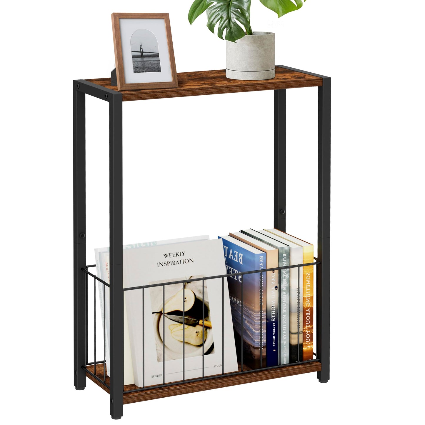 Homleke Narrow Side Table with Magazine Holder, Skinny End Table Perfect for Small Spaces, Space-Saving Design for Living Room, Bedroom, or Office, 7.1" D x 16.9" W x 23.6" H, Rustic Brown