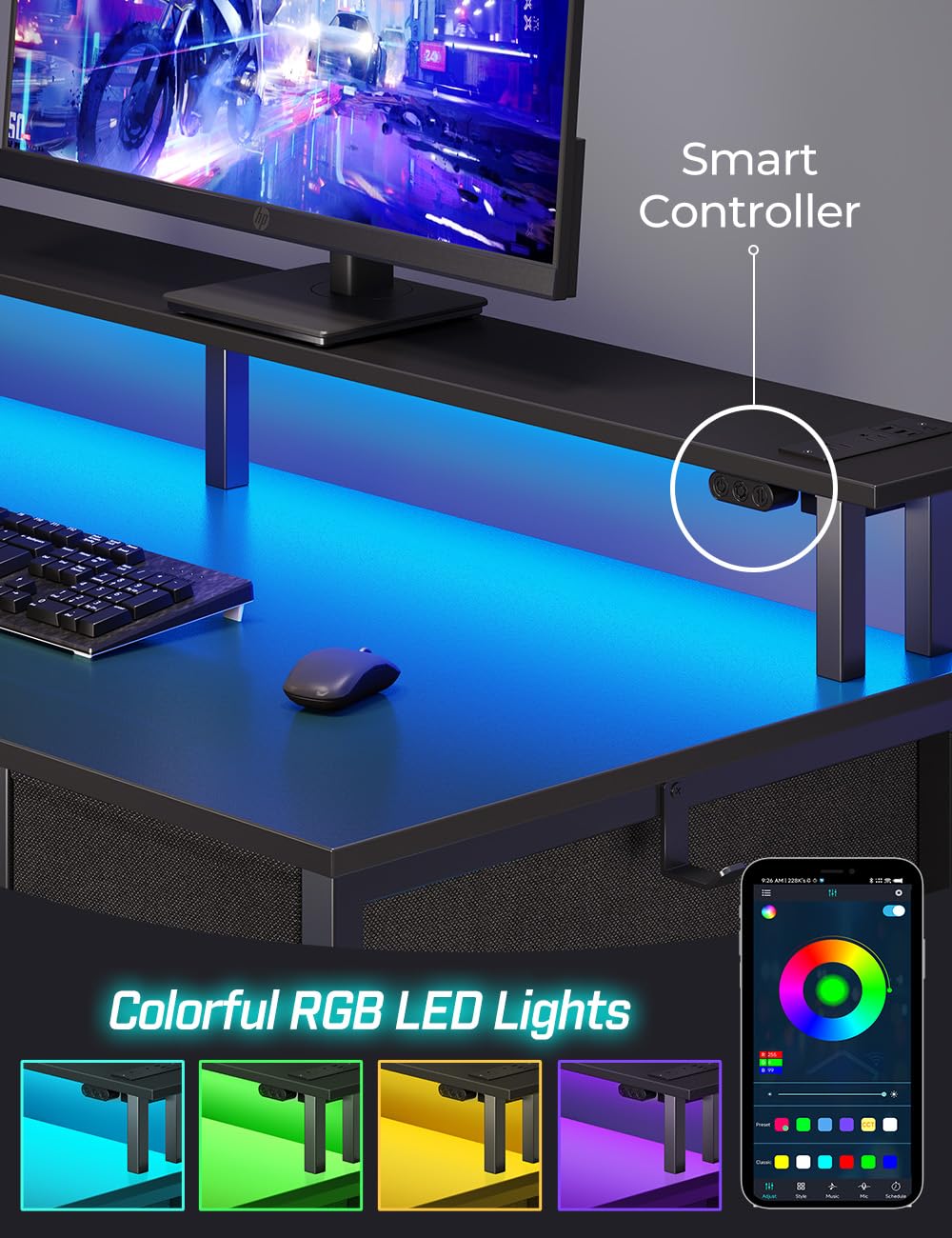 Seventable Computer Desk with Power Outlets & LED Lights, 47 inch Office Desk with Keyboard Tray & 5 Drawers, PC Desk/Work Desk/Computer Table for Home Office, Black