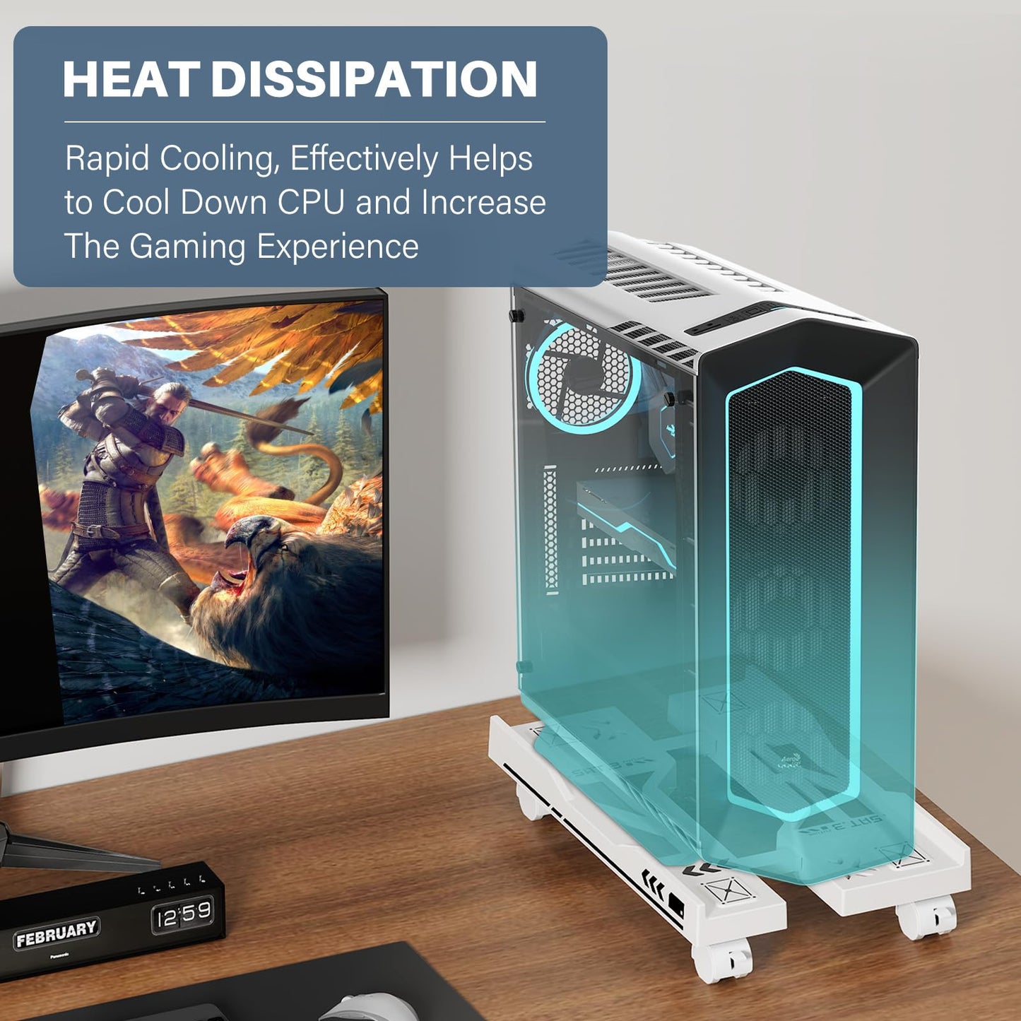 Hovadova Adjustable Computer Tower Stand, Mobile PC Stand for Floor with 4 Locking Caster Wheels Fits Most PC, Under Desk CPU Holder for Office, Gamers and Students (White)