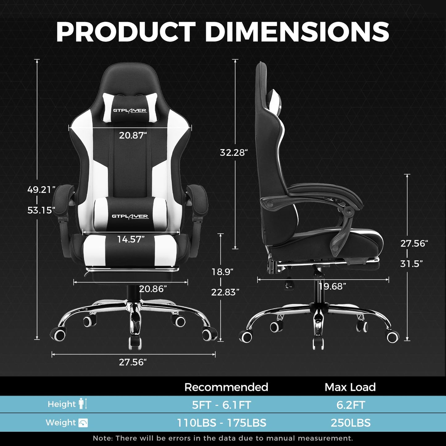 GTPLAYER Gaming Chair, Computer Chair with Footrest and Lumbar Support, Height Adjustable Game Chair with 360°-Swivel Seat and Headrest and for Office or Gaming (Fabric, Black White)