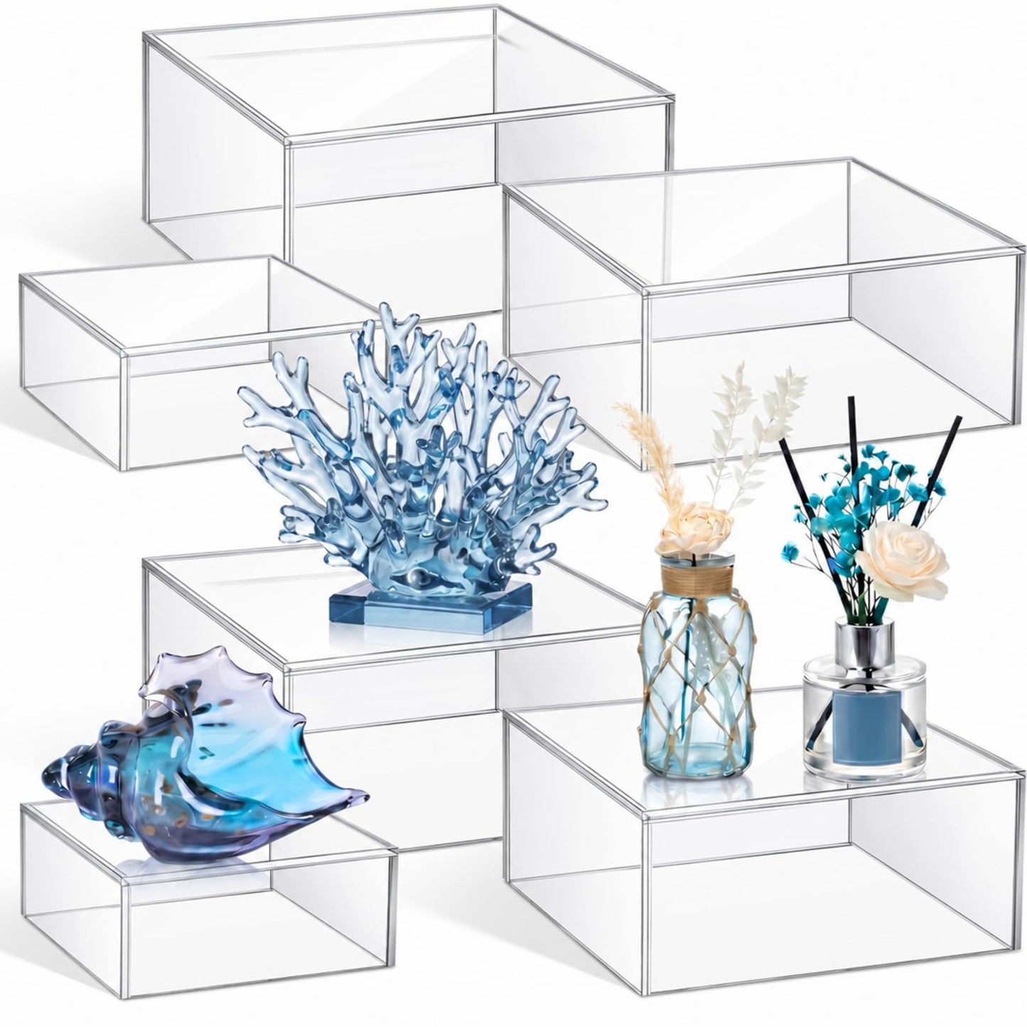 Jerify 6 Pcs Acrylic Risers Display Stands, 5.91'' 5.12'' 3.54'', Clear Square Nesting Pedestal Shelf with Hollow Bottom for Tabletop Jewelry Display, 3 Sized