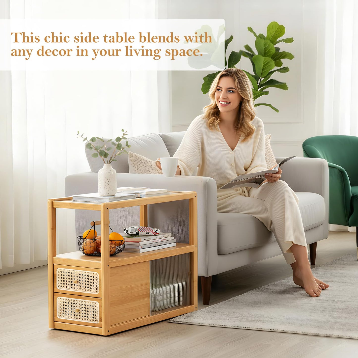 Tiita Rattan Nightstand Side Table, Bamboo Accent Bedside Tables, Glass Coffee Tables, Boho Wooden End Table with Storage for Small Space, Living Room and Bedroom