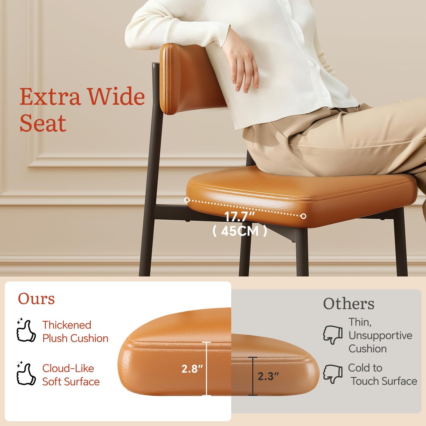 LUCKIIA Dining Chairs Set of 2 Leather Upholstered Modern Mid Century Kitchen Dining Room Chairs with Metal Legs (Brown)