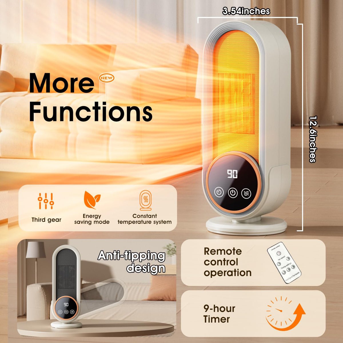 Space Heater Indoor - Energy Efficient Portable Heater with Adjustable Thermostat,1200W PTC Rapid Heating Ceramic Technology with Remote,Intelligent Timing