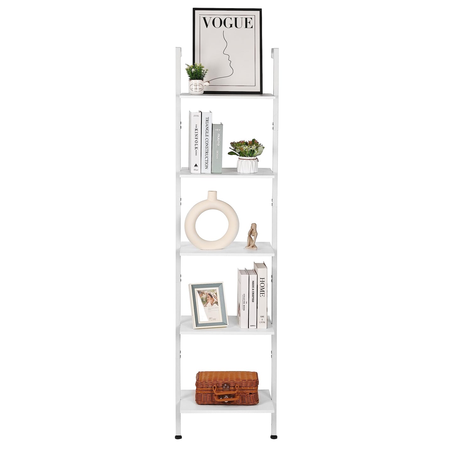 ELYKEN Ladder Shelf, White 5-Tier Wood Wall Mounted Bookshelf with Metal Frame, Modern Open Display Organizer Rack, Leaning Storage Shelves for Living Room, Bedroom, Home Office