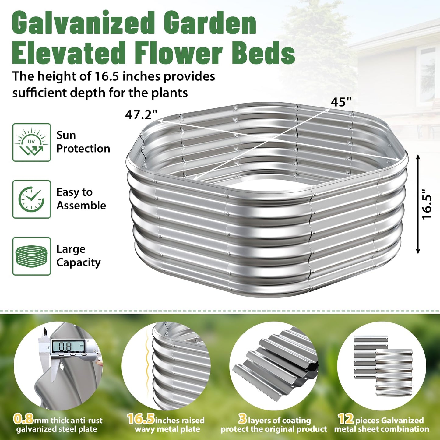 VAMFUTRE Hexagon Raised Garden Bed, 48 Inch Diagonal & 16.5 Inch Tall, Galvanized Steel Planter Box with Wave-Shaped Metal Panels for Outdoor Flower,Tree,Herb & Vegetable Garden (Silver, 4FT X 1.5FT)