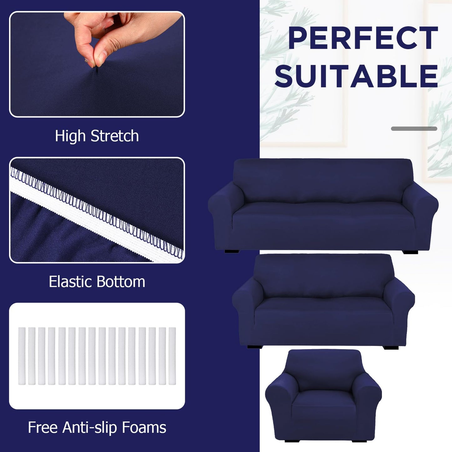 Peryiter 3 Pcs Couch and Loveseat Covers Set Sofa Cover for Couch Sofa Slipcover for Living Room Arm Chair Furniture Protector(Navy Blue,Milk Silk Spandex)