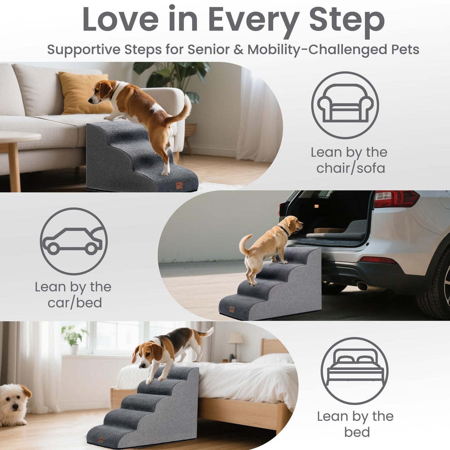 GoGoBunny Waterproof High Density Foam Curved Dog Stairs for High Beds Couches 19.7" H, 4-Step Ramp Dog Steps Friendly to Small Medium Dogs or Pets Joints, Non-Slip Balanced Durable Pet Step, Grey