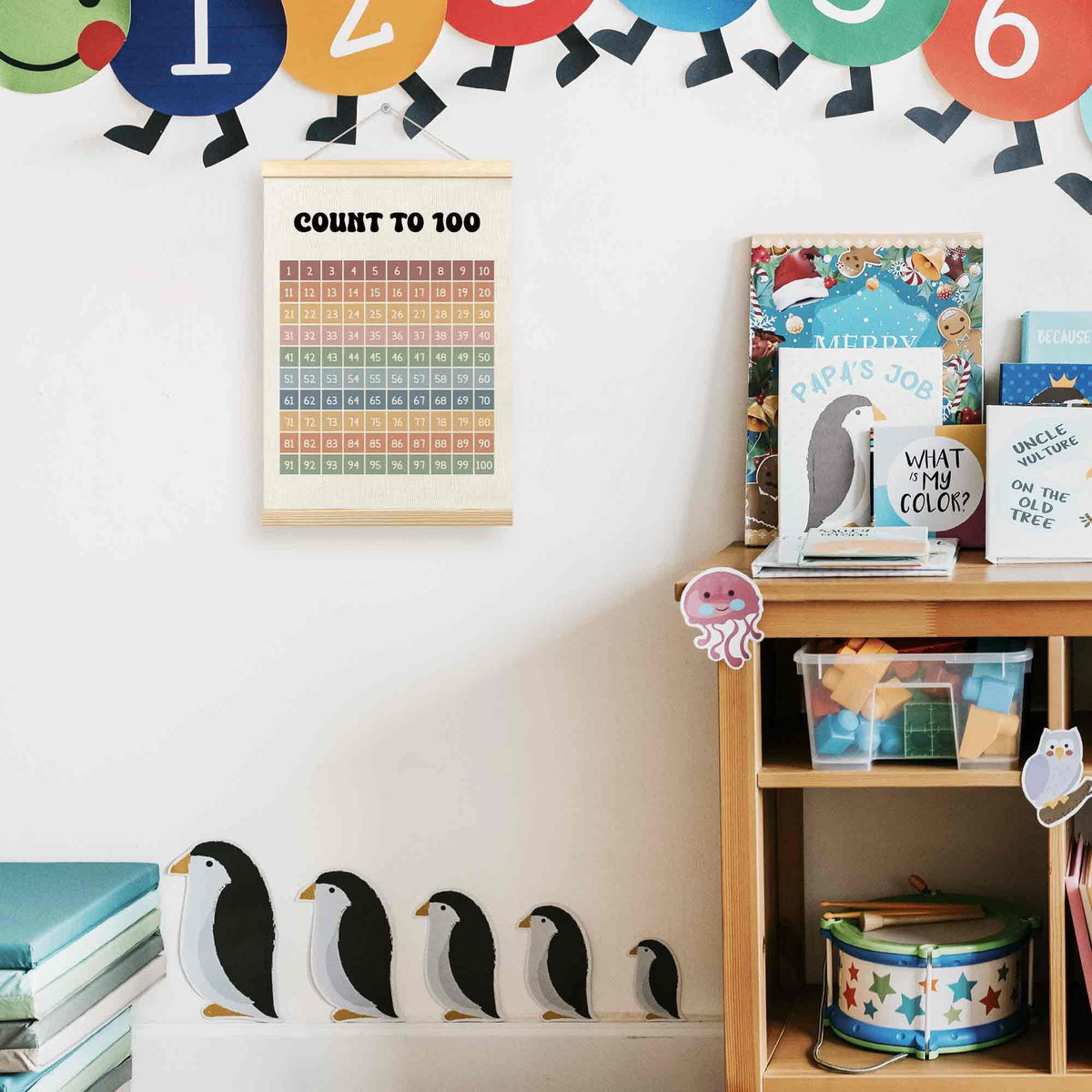 TLESKE Boho Classroom 1-100 Number Hundreds Chart Poster Hanger Frame, Homeschool Hanging Wall Art Decor for Toddlers Kids Room Nursery Playroom, Preschool Prek Learning Educational Poster, 12x16
