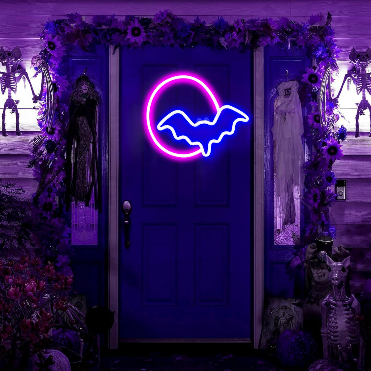 2 Pack Halloween Decoration LED Neon Sign Light,Ghost/Bat and Moon Lights Hanging Neon Signs for Halloween Party Indoor Home Window Decorations (Batteries not Included)