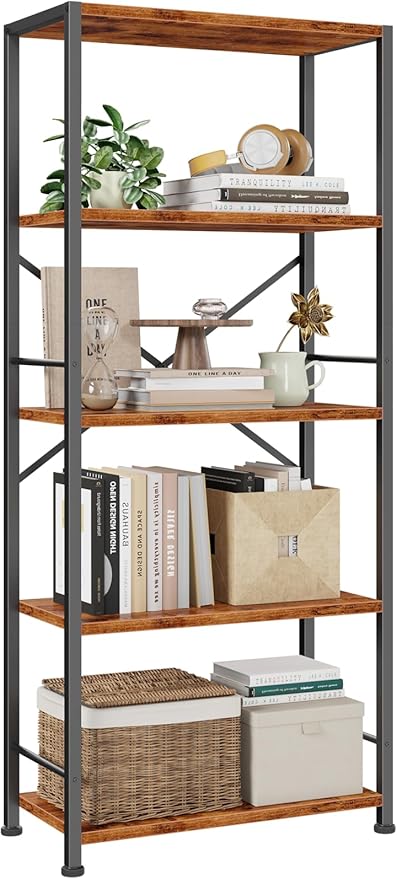 Furologee 5 Tier Book Shelf, Tall Wide Bookshelf, Industrial Open Bookcase