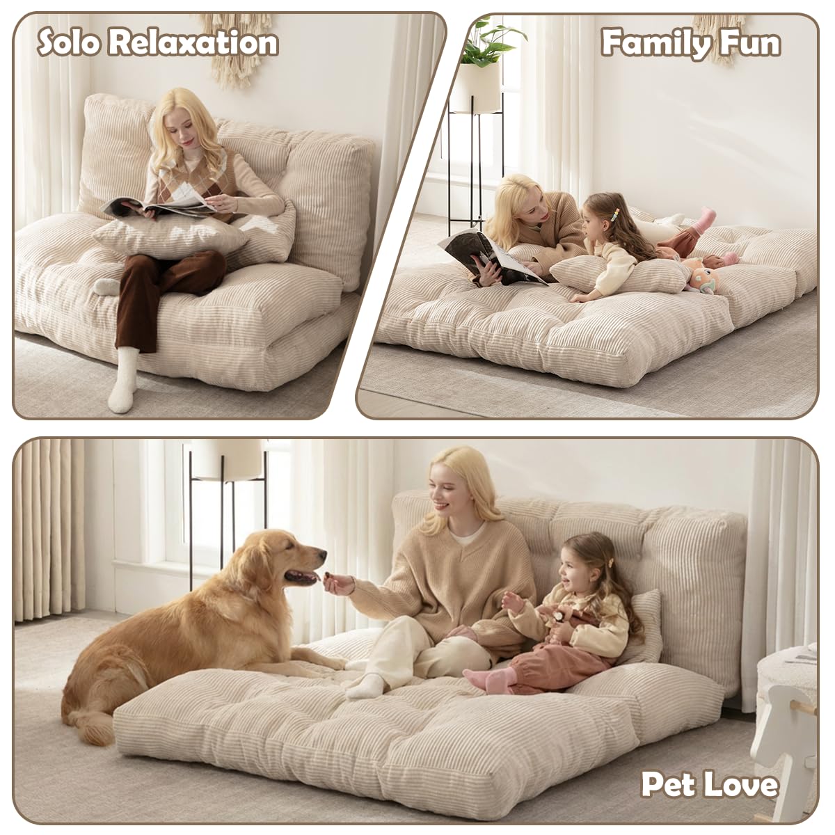 Folding Sofa Bed, Convertible Sleeper Chair with Pillow Foldable Mattress with Back Support, Portable Fold Out Chair Bed Comfy Floor Sofa Lounge for Living Room Bedroom, Beige Full 80x54 Inch