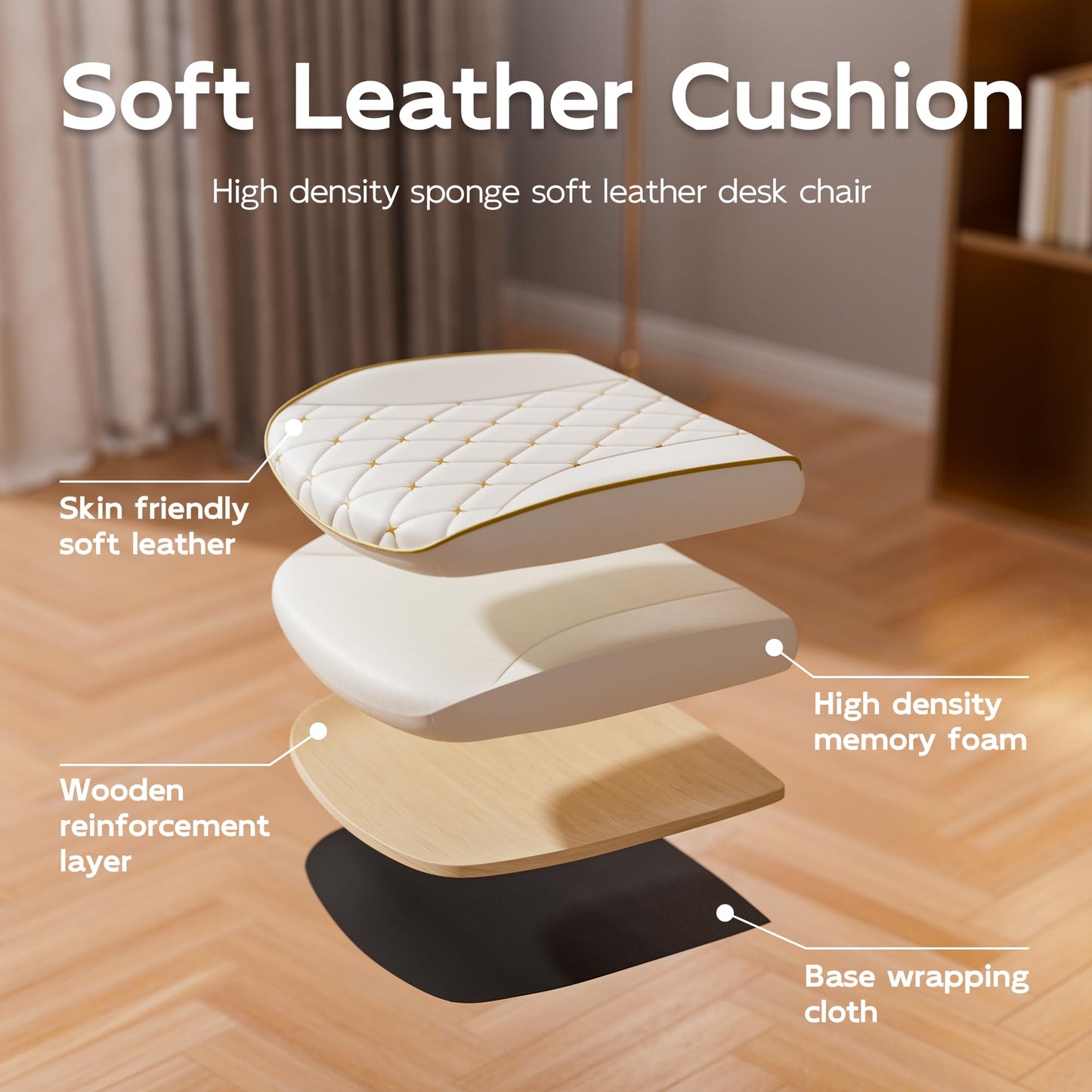 HomeZeer White and Gold Office Chair with Soft Leather Embroidery, Mid Back Vintage Swivel Executive Desk Chair with Wheels and Padded Arms, Adjustable Height