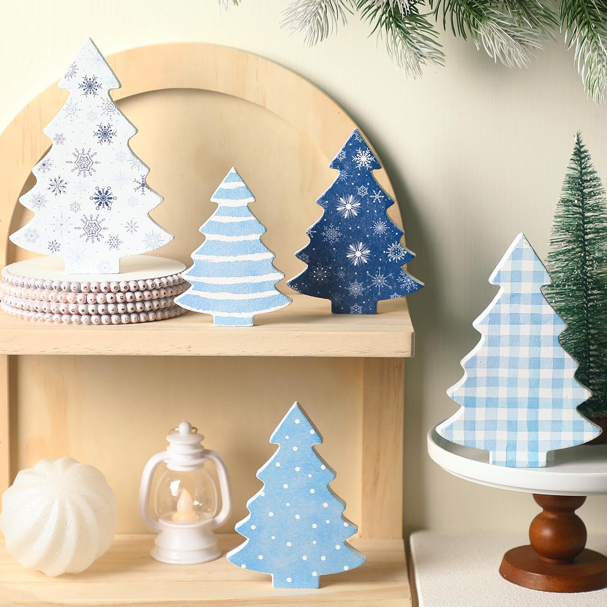 Huwena 5 Pcs Christmas Table Decoration Wooden Xmas Tree Tiered Tray Decor Centerpiece Gift Box Indoor Christmas Tree for Shelf Mantel Fireplace Home Party(Blue Buffalo Plaid)