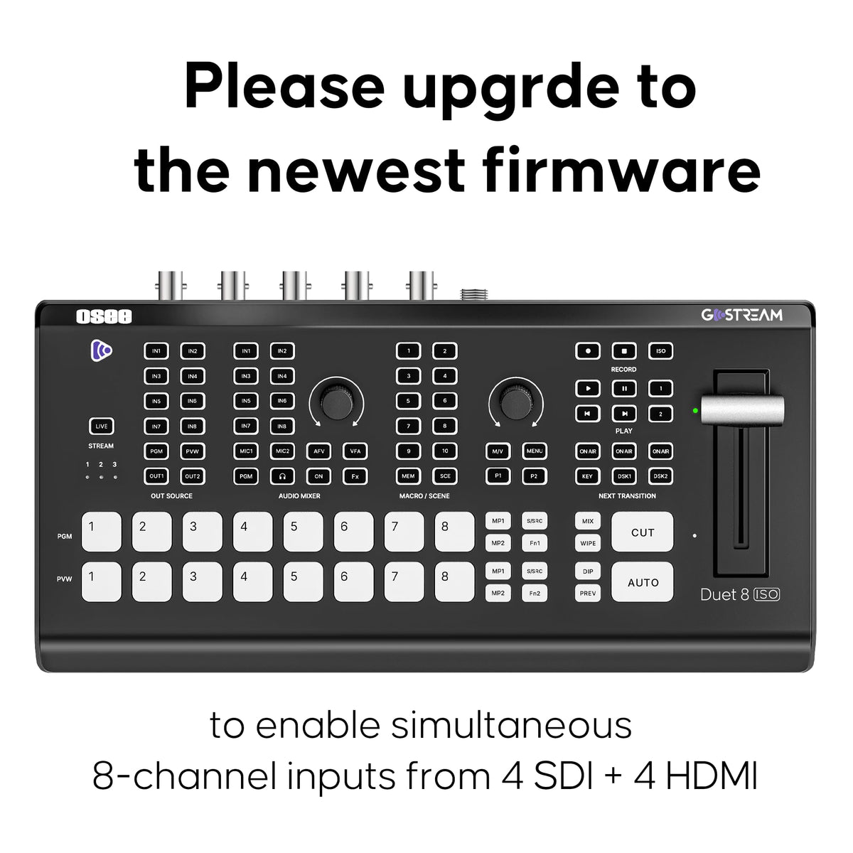 Osee GoStream Duet 8 ISO, 8 Channels Video Switcher with 4 4K-HDMI, 4 SDI, and 4 NDI HX/ 4 SRT/ 4 RTMP/ 2 Webcam. 2 XLR Audio, 8 Layouts, Isolated Recording, Podcast Unit for YouTube, Facebook