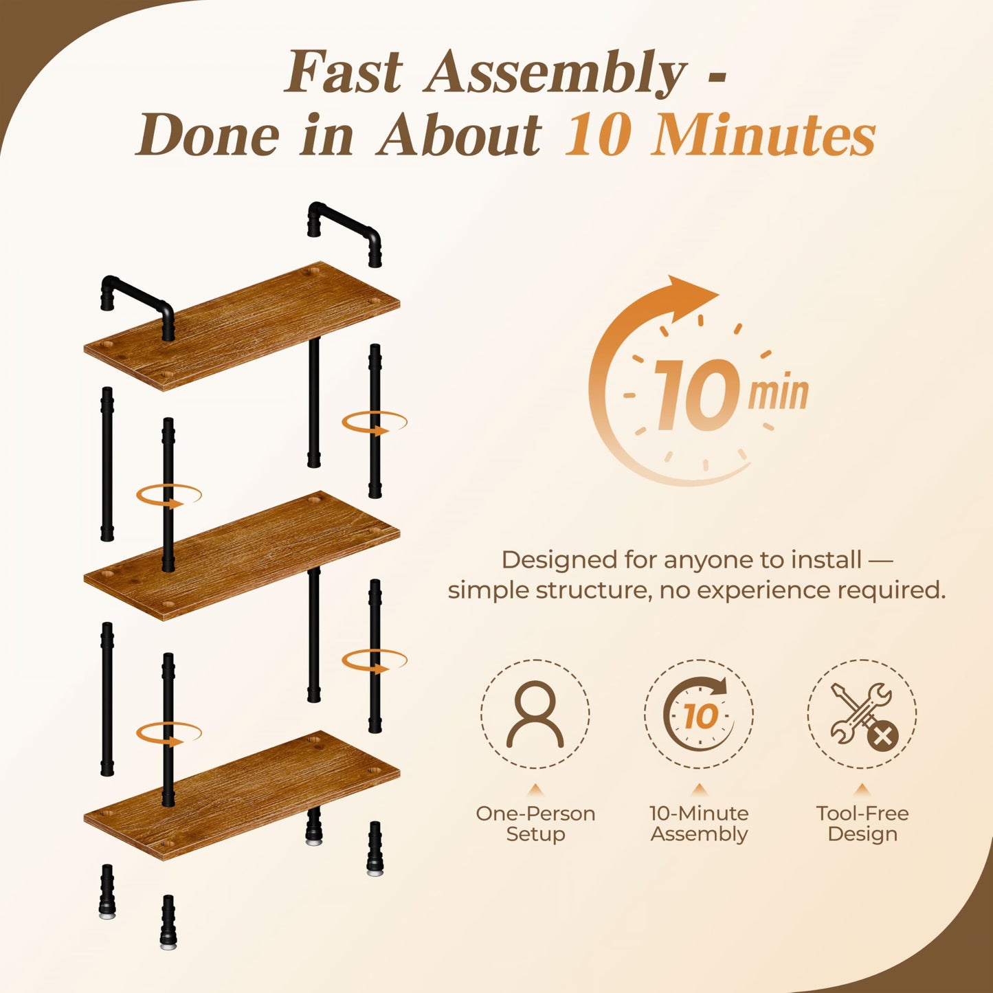 Anynice Industrial Bookshelf, Rustic Open Bookcase, 3 Tier Wood and Metal Bookshelves, Solid Pine Wood and Iron Pipe Storage Shelf Narrow Small Space Organizer for Living Room Office Bedroom Kitchen