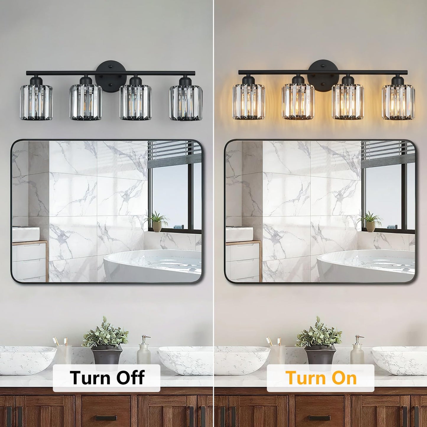FDPBY Modern 4 Light Crystal Vanity Light, Black Vertical Bathroom Light Fixture Over Mirror for Dressing Table Sink, Compatible with Dimmable Bulbs (Bulbs Not Included)