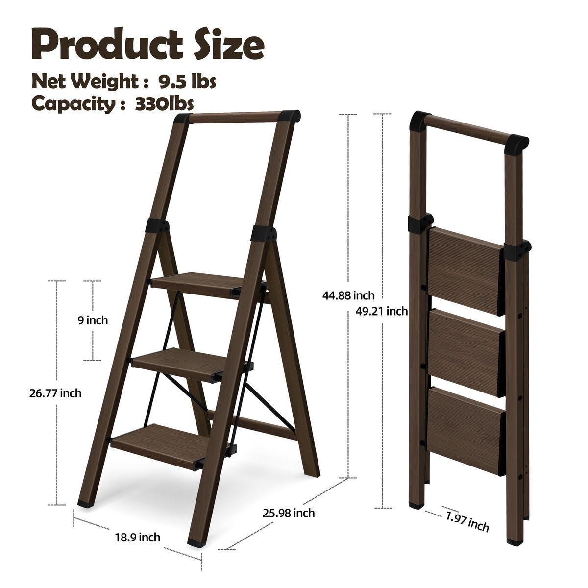 HillhutApex 3 Step Foldable Aluminum Step Ladder with Handgrip, Anti-Slip Pedal, 330lbs Capacity, Lightweight & Portable for Home, Kitchen, Office, Garage (Walnut)