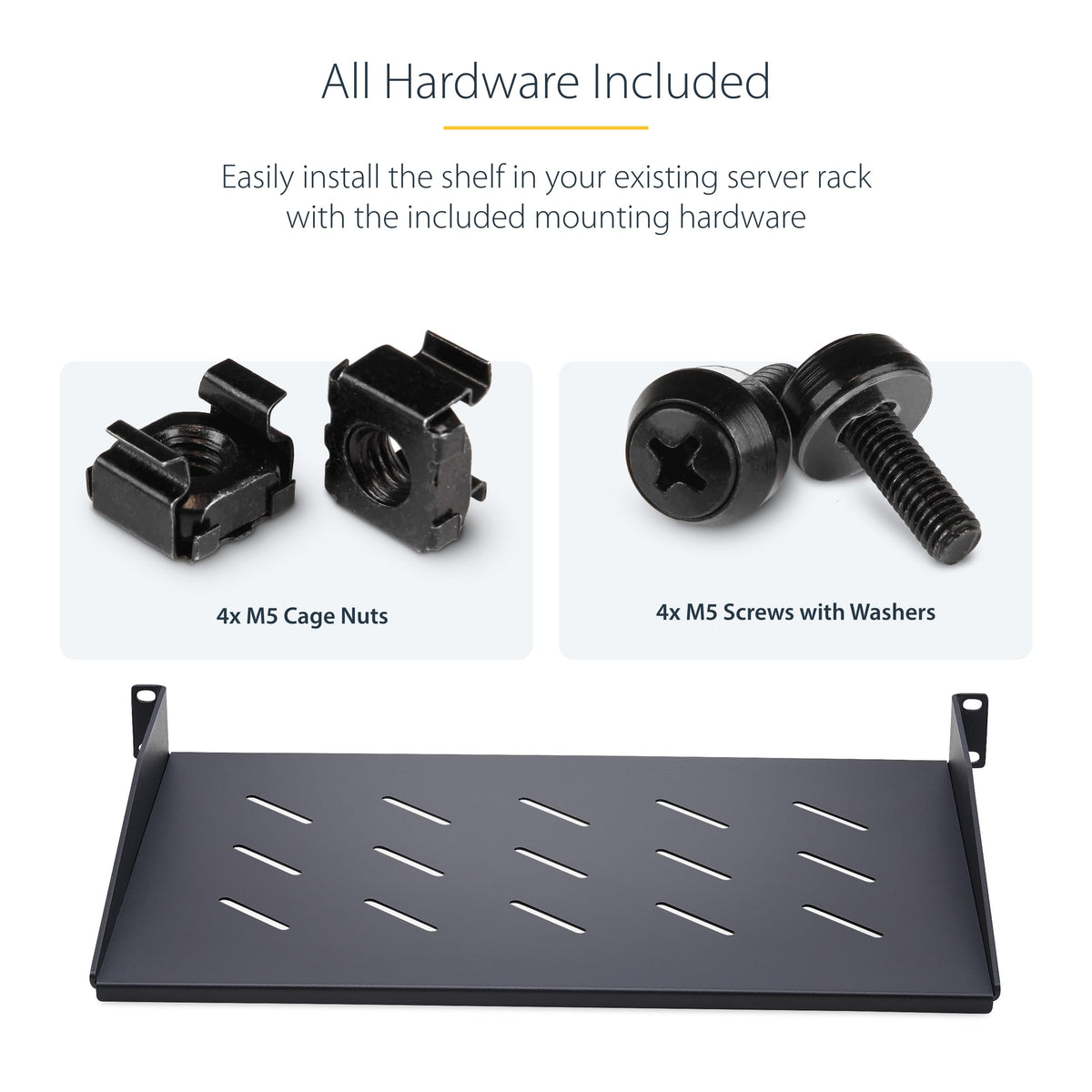 StarTech.com 1U Vented Server Rack Shelf, 12in/31.5cm Mounting Depth, for 19" Rack/Cabinet, SPCC Steel, Max 25lb/11.3kg