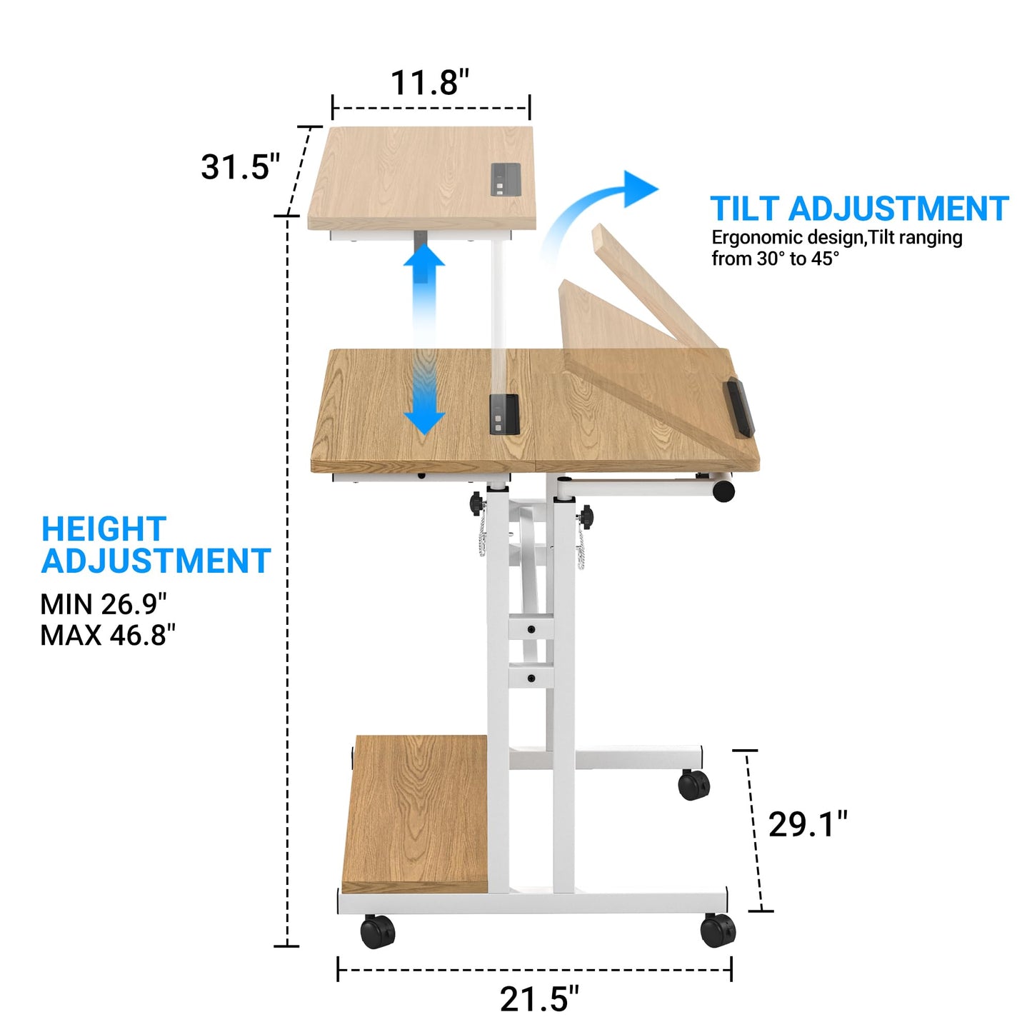 Mobile Standing Desk, Adjustable Rolling Computer Desk with 3 Desktops, Portable Laptop Table with Cup Holder, Home Office Laptop Workstation on Lockable Wheels,Khaki