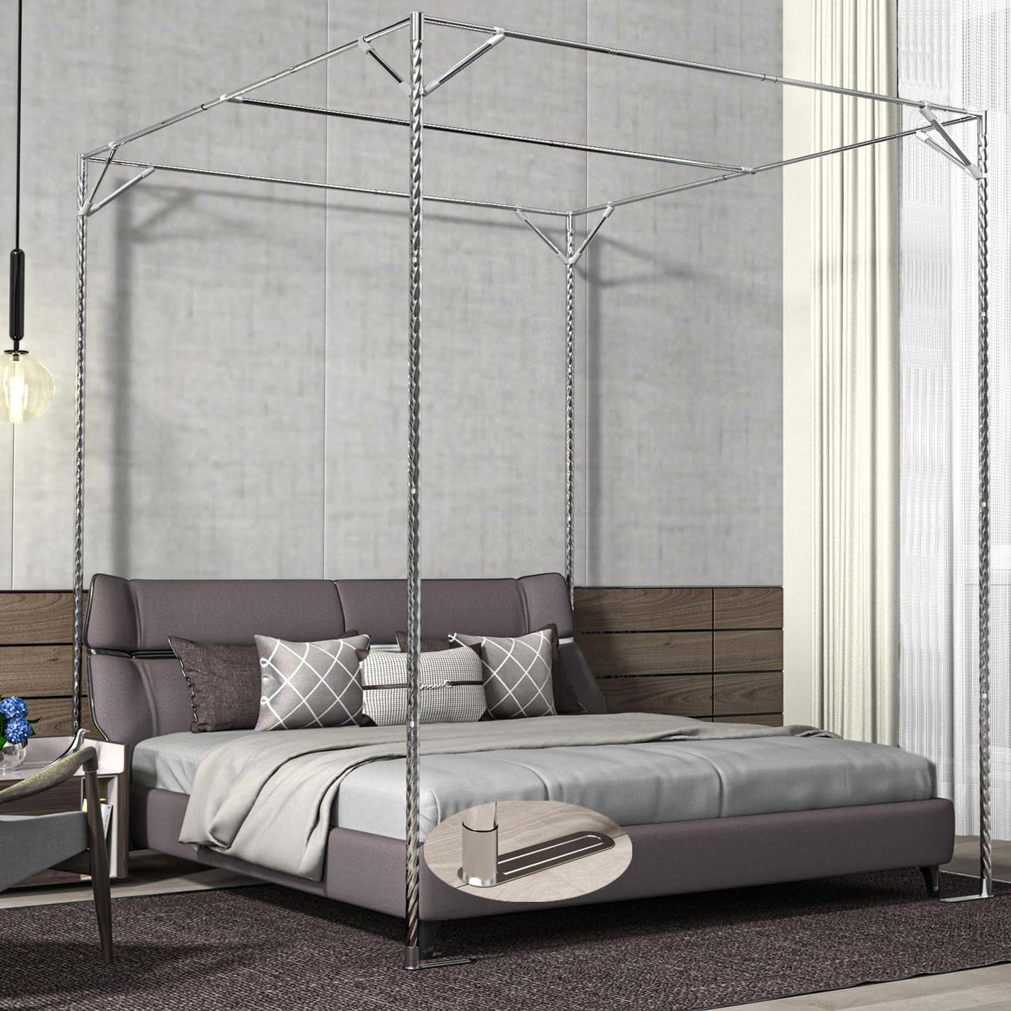 NKM Stainless Steel Adjustable Canopy Bed Frame, Suitable for Twin,Full,Queen and King Size, Thicken Bed Frame Bracket for Metal Bed or Wood Bed Mosquito Curtains Bedroom décor