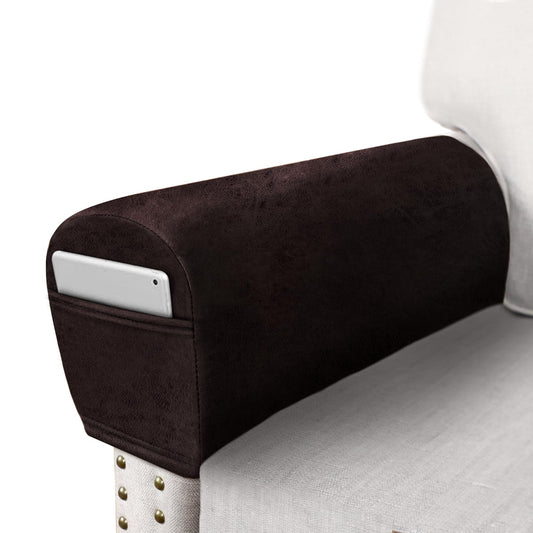 ANARACHON Leather Look Couch Arm Covers Set of 2 Armrest Covers for Sofa Chair Arm Protectors Stretch Armchair Slipcovers with Pockets Washable Spandex Fabric (Medium, Chocolate)