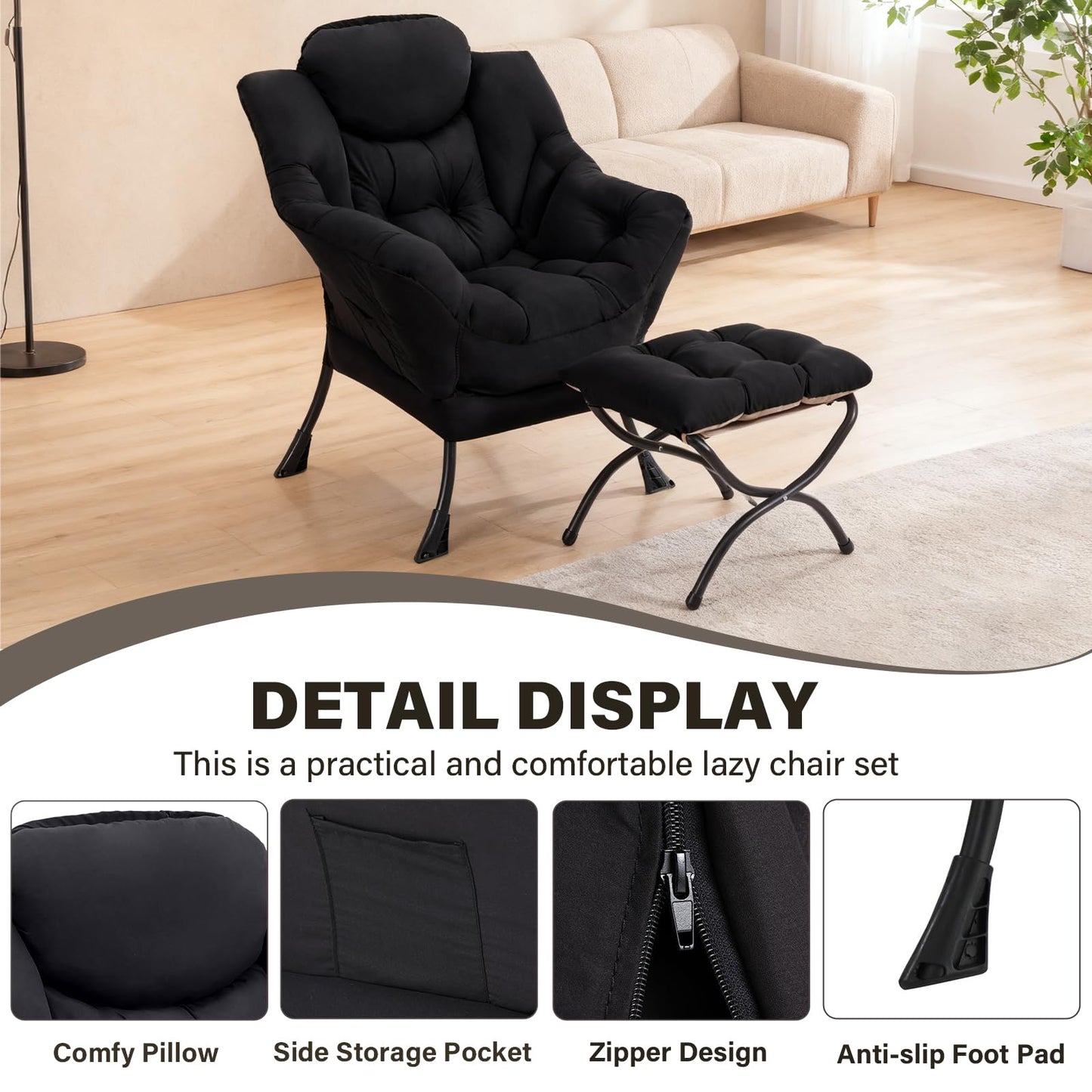 SESHINELL Lazy Chair with Ottoman, Modern Accent Chair Contemporary Lounge Leisure Sofa Chair with Armrests, Reading Chair and Folding Footstool Set for Living Room, Bedroom, Office, Black