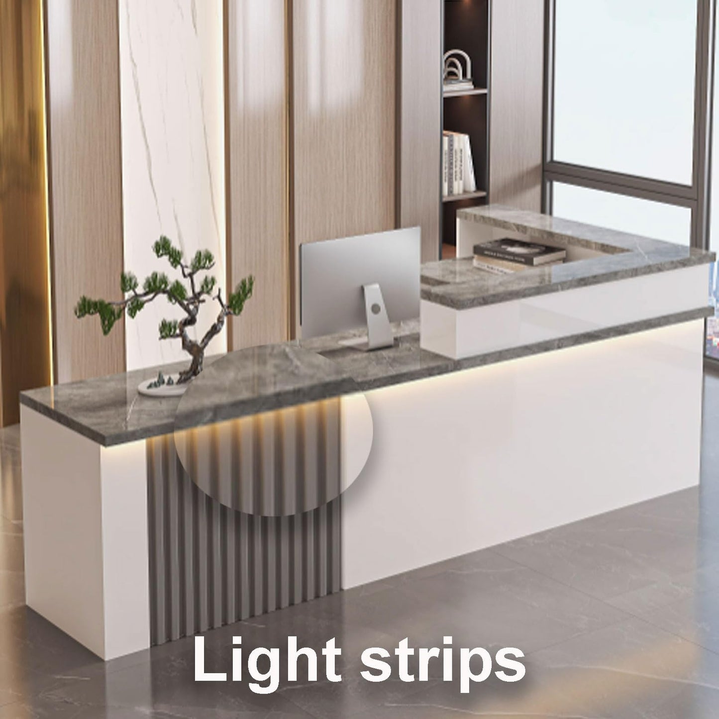 Stylish Modern Reception Desk with LED Light, Office Counter Table for Beauty Salons & Lobbies, 120cm White & Gray Finish, Space-Saving Storage Furniture