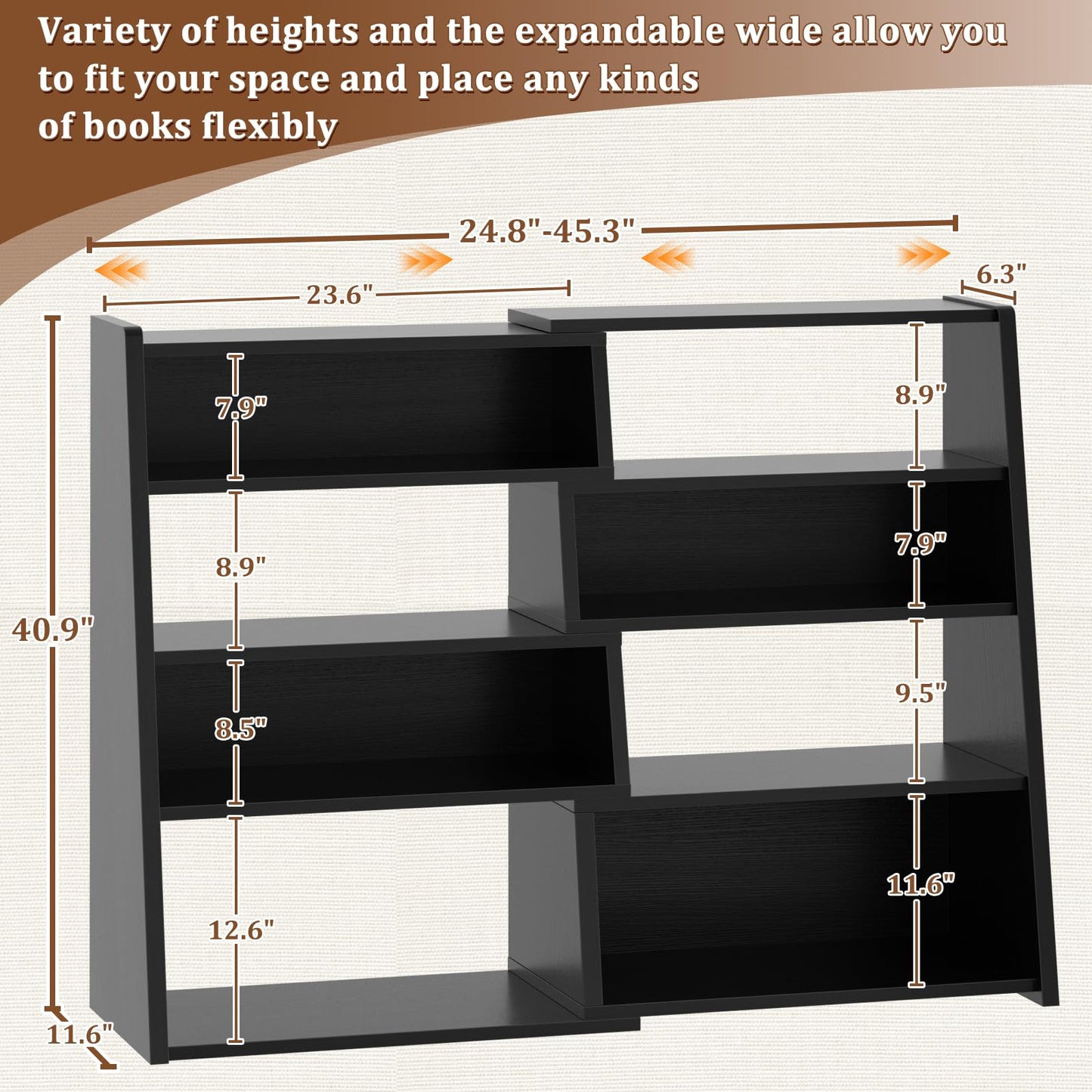 Armocity Expandable Bookshelf, Short Corner Bookshelf for Small Spaces, Small Ladder Book Shelf, Extendable Wood Narrow Bookcase for Living Room, Bedroom, 5 Tier, Black