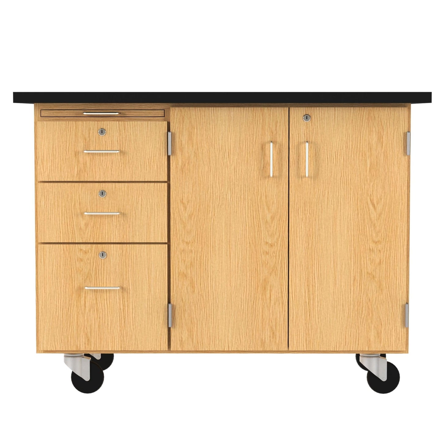 Diversified Spaces Portable Mobile Science Classroom Teacher Instructor Desk, Black Chemguard Table Top, Storage Cabinet, Oak Finish, 48"W x 28"D x 36"H, Made in the USA