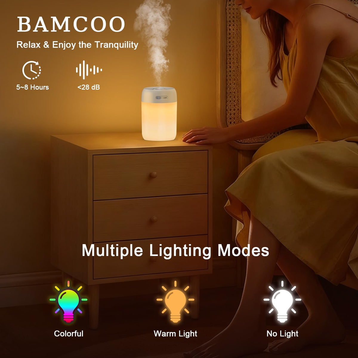 BAMCOO Portable Small Humidifier, 650ml Colorful Mini Humidifier for Bedroom, Office Desktop, Baby Room, Plants, Cool Mist Humidifiers(White)