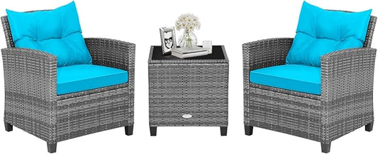 HAPPYGRILL 3 Pieces Patio Conversation Set, Outdoor Furniture Set PE Rattan