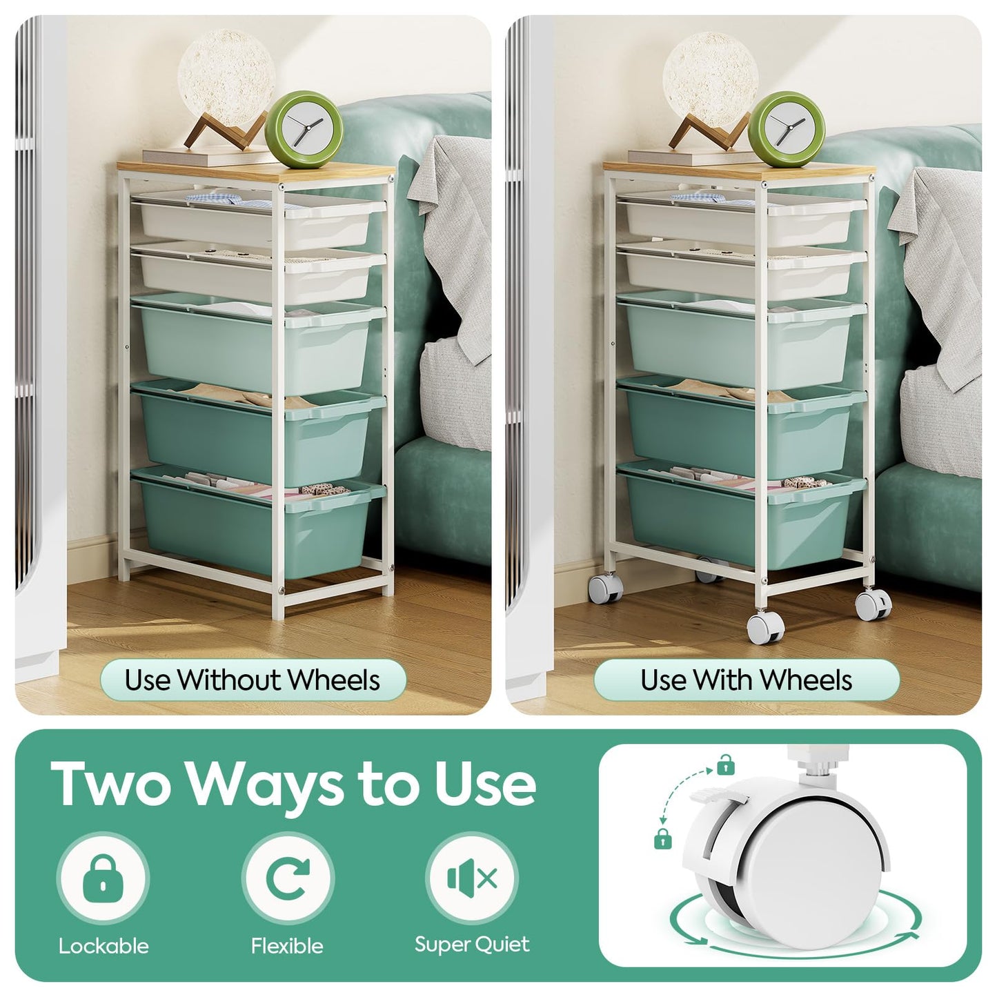 Rolling Storage Cart with 5 Drawers, Craft Organizer, Wooden Tabletop Utility Cart for Bedroom, Children's Room and Office Organization, Table Side Trolley with Lockable Wheels, Green