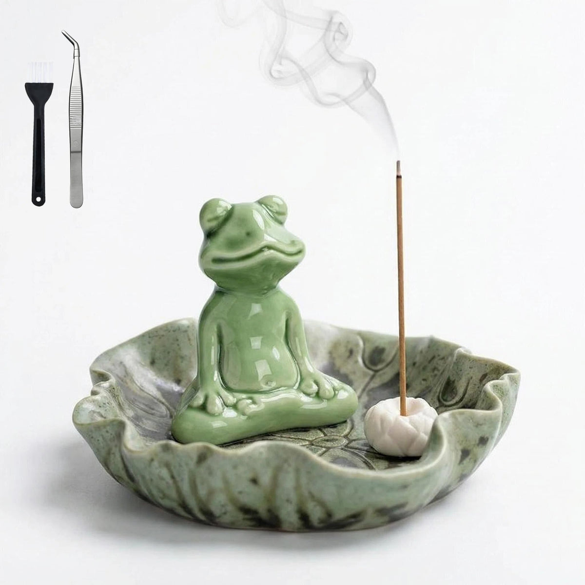 MENORISK Incense Holder for Sticks, Meditating Frog Ceramic Incense Holder with Stainless Steel Tweezer & Brush – Zen Home Decor for Meditation, Yoga, or Tea Ceremony
