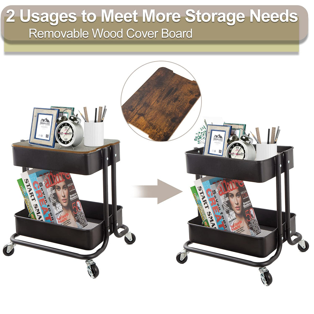 Melody House 2 Tier Metal Utility Rolling Cart Storage Organizer with Cover Board, Mobile Trolley Sofa Side Table with Wheels for Office Home Kitchen Organization, Black