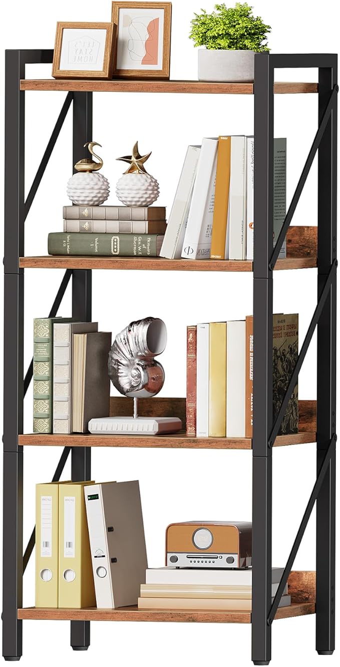 HOOBRO Bookshelf, 4-Tier Industrial Bookcase, Book Shelf Storage Organizer