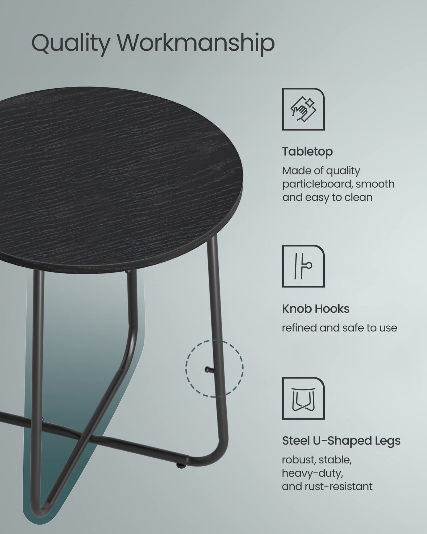 VASAGLE LILEA Collection - Small Round Side End Table, Modern Nightstand with Fabric Basket, Ebony Black and Turquoise Blue ULET223B56