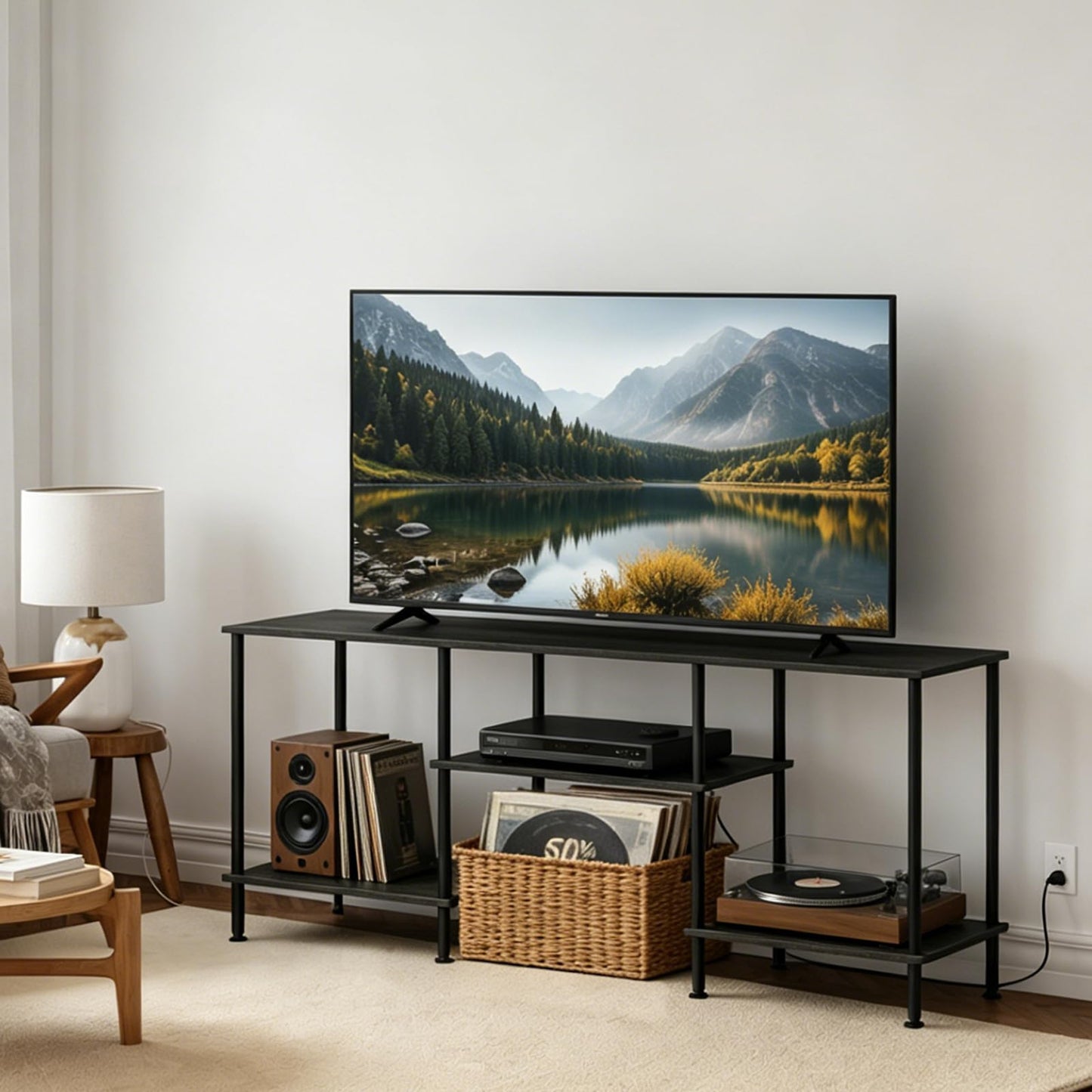 YAHKBTEN TV Stand for Bedroom up to 50 Inch Rustic TV Stands with Power Outlets Small Entertainment Center with Storage 3 Tier TV Media Console Table Cabinet for Living Room Bedroom Office, Dark Grey