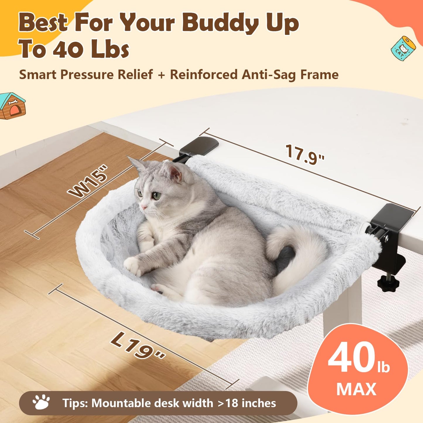 JinxZap X-Large Cat Desk Bed | 19"x15" Spacious Retreat, Dual Clamps & Sunken Hammock Design, Comfy Cat Desk Hammock with Faux Rabbit Fur Cover, Removable & Washable, Holds Up to 40lbs