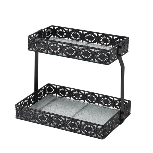 xiaojuande-Two Layer Glass Storage Tray with Portable Dressing Table Skin Care Product Organization Rack Corner Storage Rack for Bathroom Counter High-end Light - (Black)